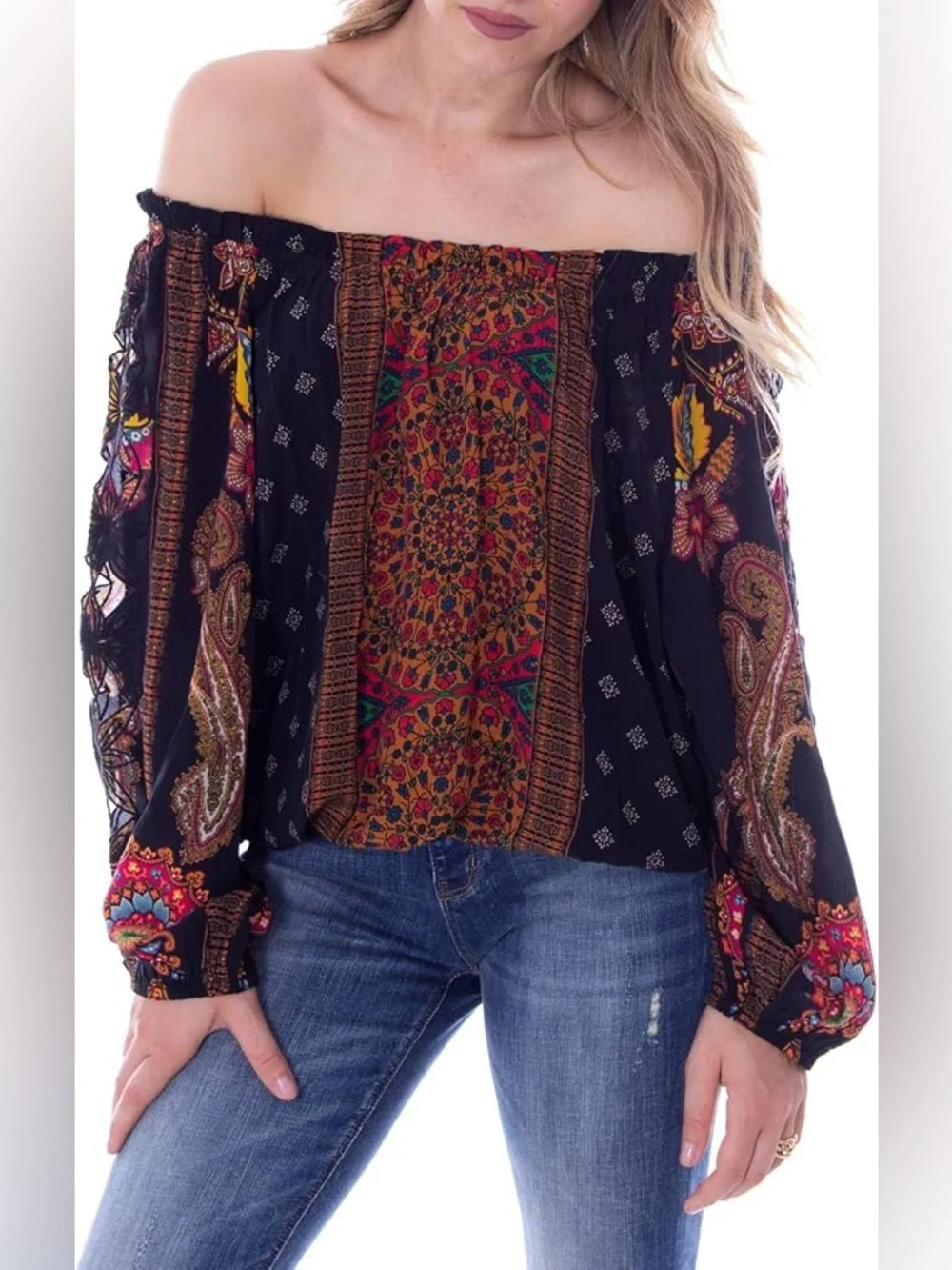 Desigual Off-Shoulder Boho Floral Patchwork Top in Black and Rust - Picture 3 of 11